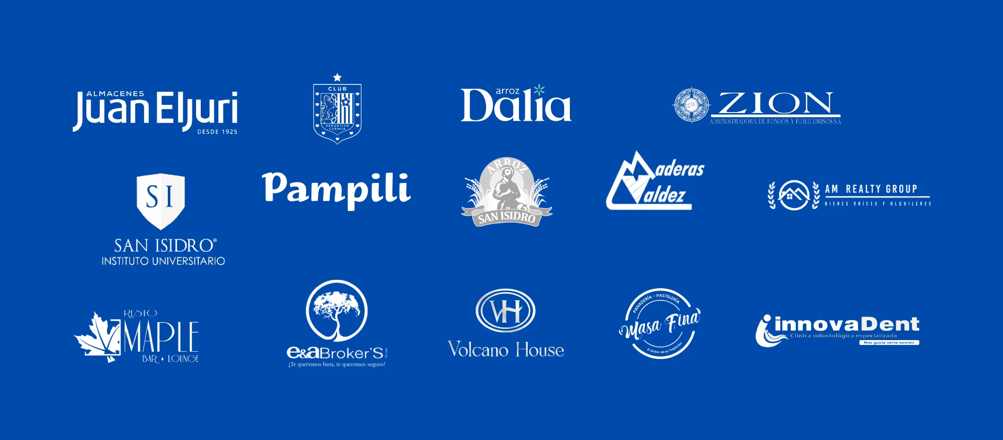 Logos de marcas que han trabajado con KARSAN Digital: Almacenes Juan Eljuri, Club Sport Emelec, Arroz Dalia, Zion, San Isidro, Pampili, Arroz San Isidro, Mineras Valdez, AM Realty Group, Maple Bar, EsaBrokers, Volcano House, Mesa Fina, InnovaDent
